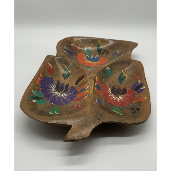 Vntg Mexican Folk Art Wooden Wood Divided Bowl/Tray 14” Long 8” Wide Flowers - Picture 11 of 12